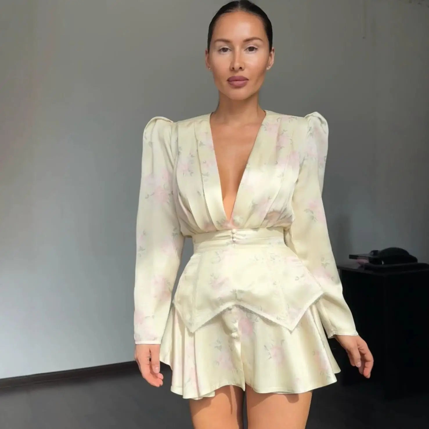 Casual Printed Mini Dress Women Full Sleeve Button V-neck Lady Short Dresses Waist Tape 2026 Spring Summer Female Robe Beach