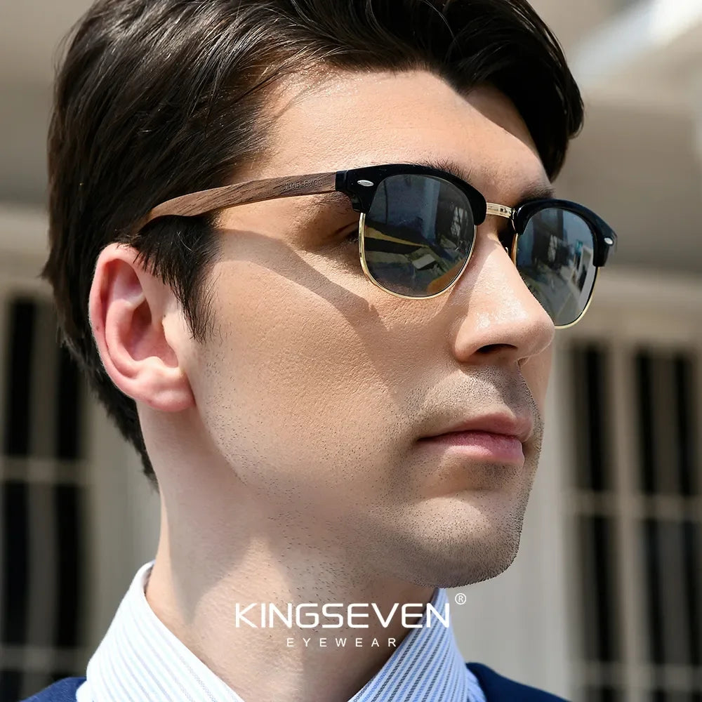 KINGSEVEN 2023 Quality Upgrade Walnut Wooden Sunglasses Men Polarized Semi-Rimless UV400 Protection Retro Eyewear Women Oculos