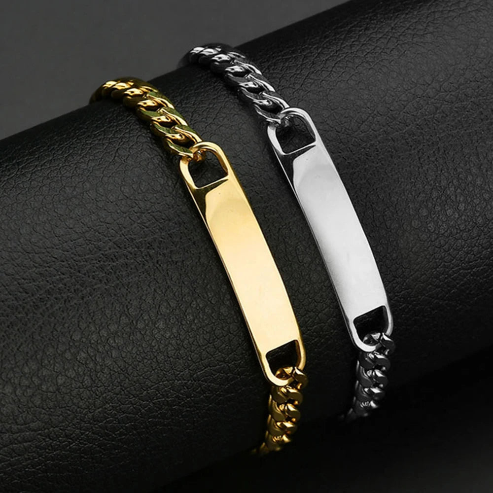 Custom Logo Name Engrave Bracelet Personalized Nameplate Stainless Steel Thick Hand Chain Custom Couple Men Women Jewelry Gift