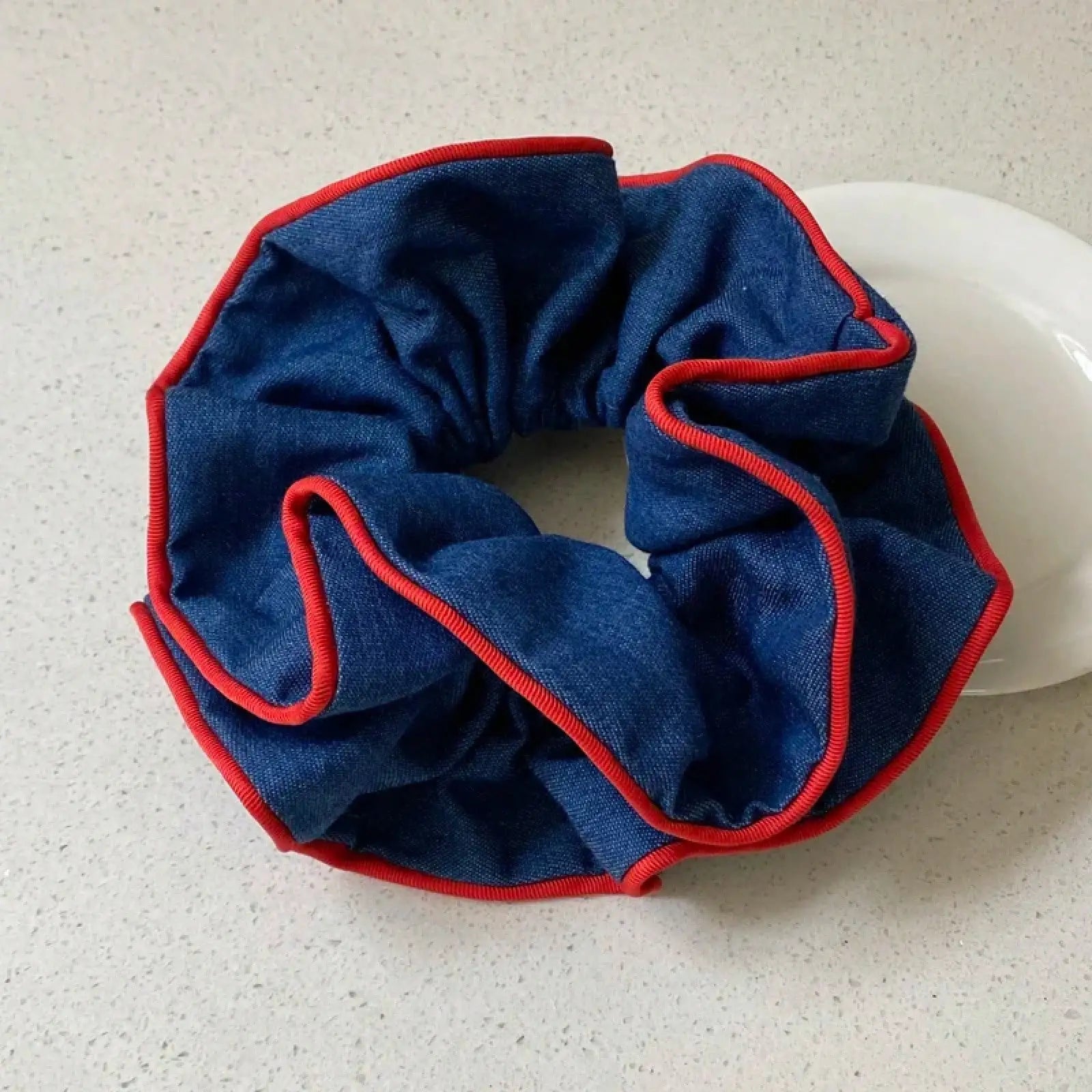 1PC Denim Scrunchies With Red Trim, Stylish Hair Accessories For Women, Cute Hair Ties For Daily And Party Wear