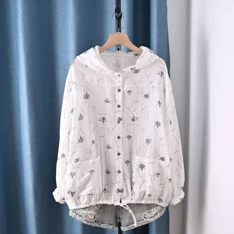 Middle-aged women's clothes 100% cotton yarn hoodies for women spring casual red yellow print hooded shirts and blouses