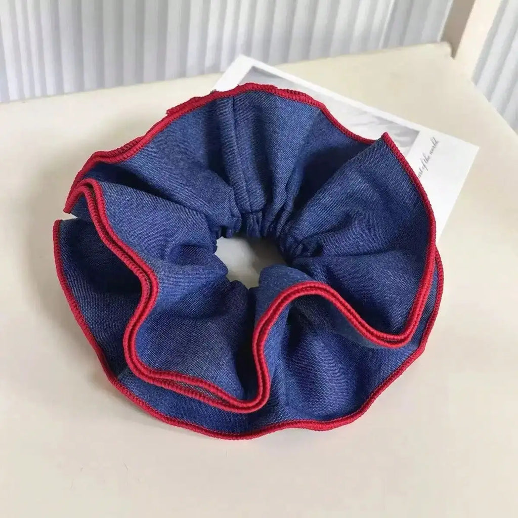 1PC Denim Scrunchies With Red Trim, Stylish Hair Accessories For Women, Cute Hair Ties For Daily And Party Wear