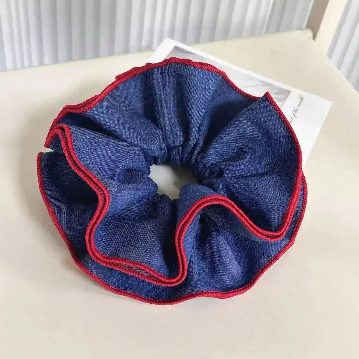 1PC Denim Scrunchies With Red Trim, Stylish Hair Accessories For Women, Cute Hair Ties For Daily And Party Wear