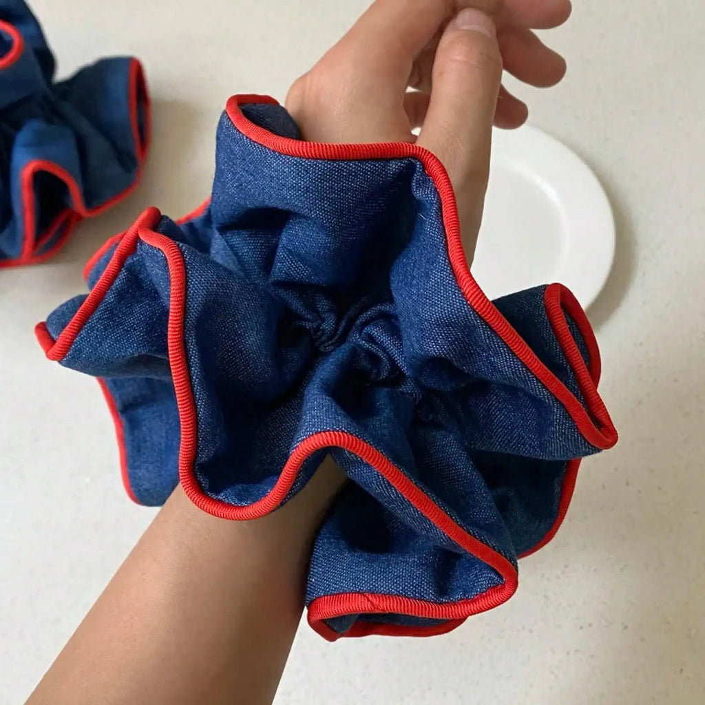 1PC Denim Scrunchies With Red Trim, Stylish Hair Accessories For Women, Cute Hair Ties For Daily And Party Wear