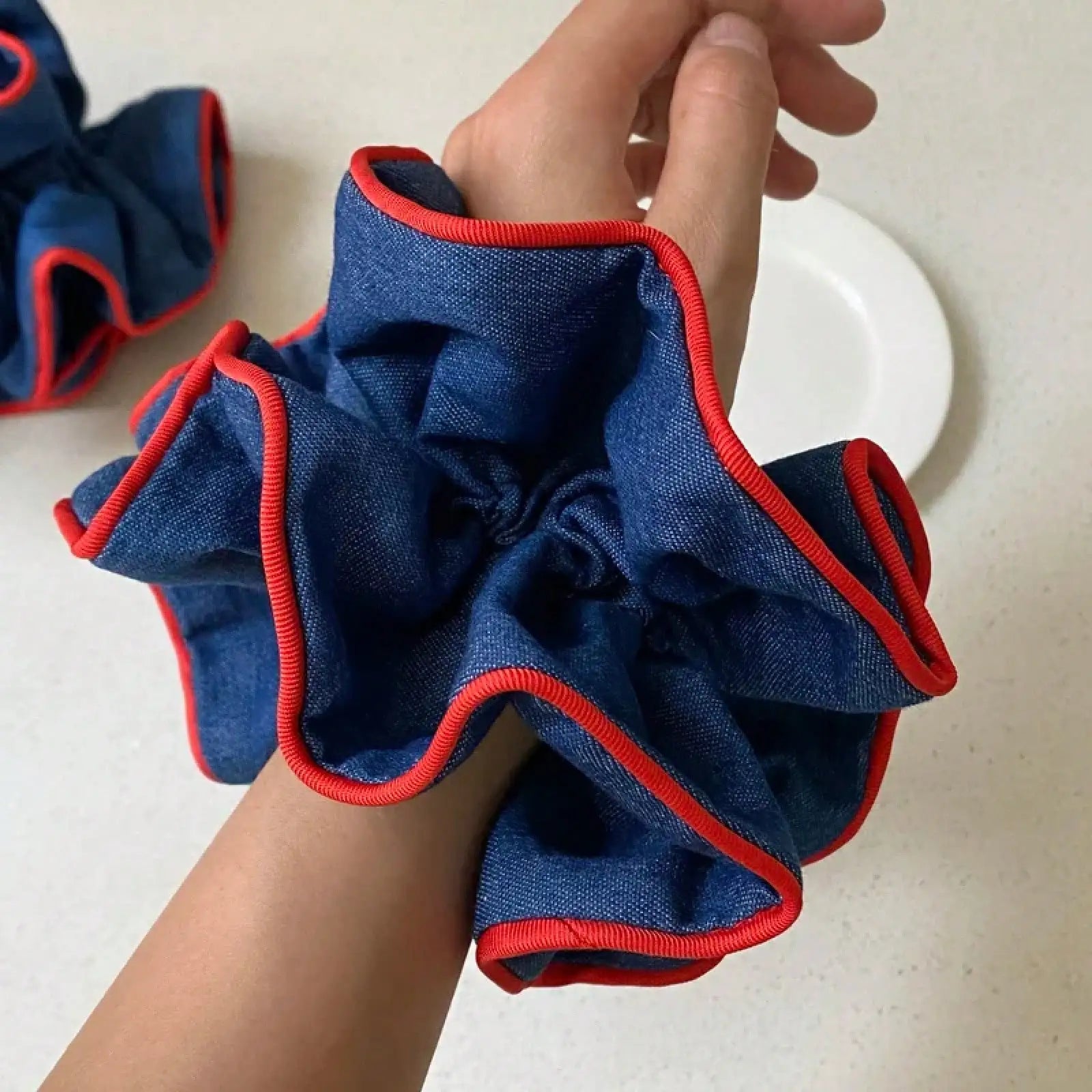 1PC Denim Scrunchies With Red Trim, Stylish Hair Accessories For Women, Cute Hair Ties For Daily And Party Wear