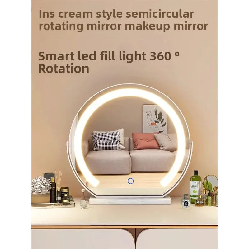 Hot Fashion Bathroom Mirror Rotating Internet Celebrity Cream Wind Semicircular Makeup Mirror Desktop Desktop Led Smart