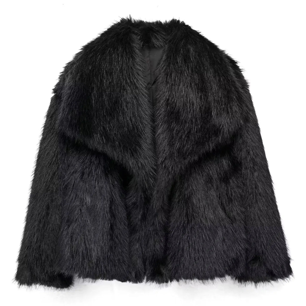 HH Women Fashion Faux Fur Jacket Vintage Turn-Down Collar Long Sleeve Coat Autumn Winter Woman Elegant Streetwear