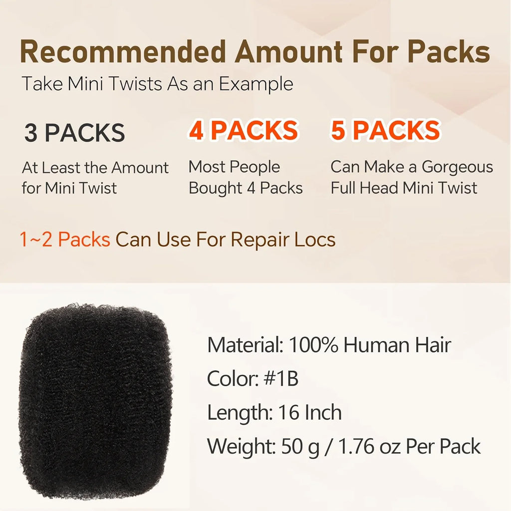 Loose Afro Kinky Curly human hair Extensions for braids, dreadlock, Hook microphone braid 50 g/pack women