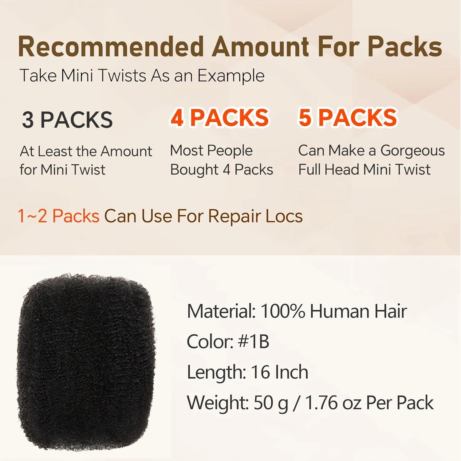 Loose Afro Kinky Curly human hair Extensions for braids, dreadlock, Hook microphone braid 50 g/pack women