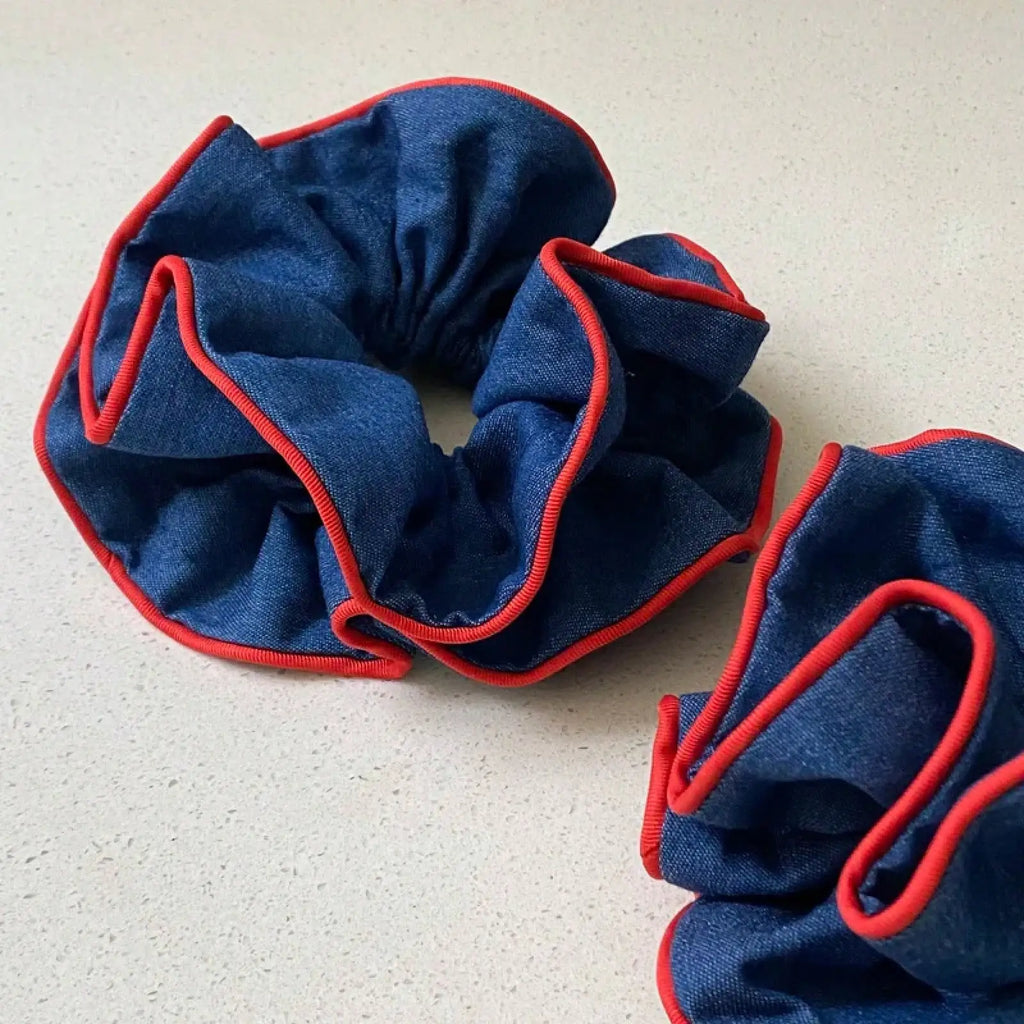 1PC Denim Scrunchies With Red Trim, Stylish Hair Accessories For Women, Cute Hair Ties For Daily And Party Wear