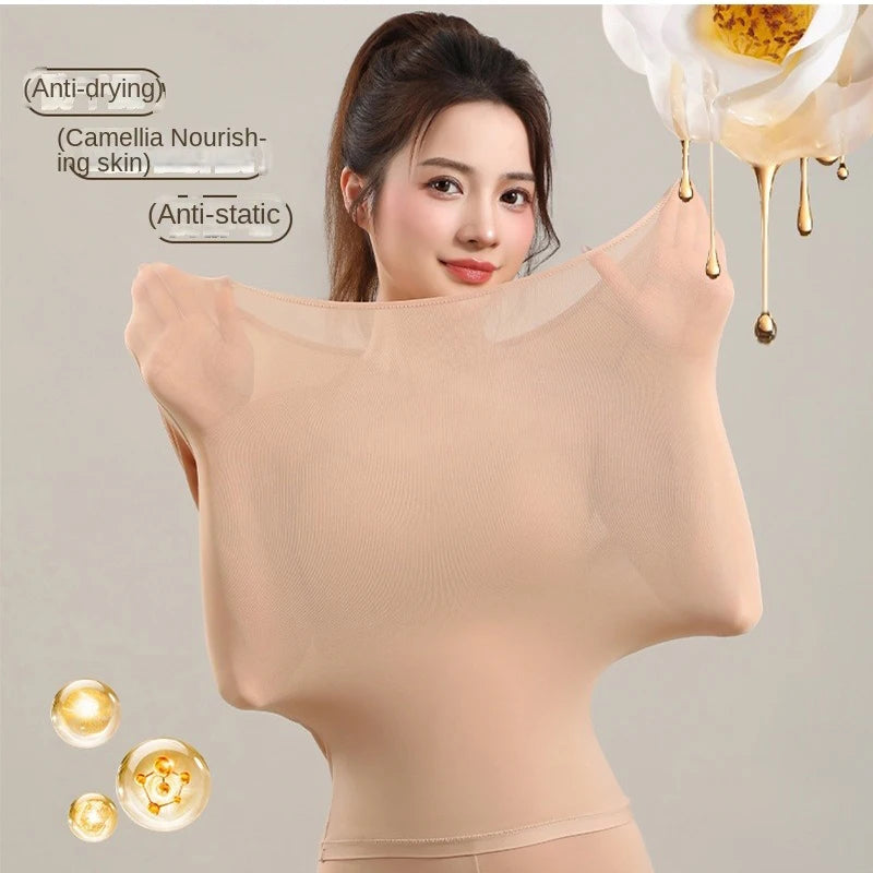 Women's Warm Set, Ultra Thin Warm Underwear, Women's High Elasticity Autumn Clothes, Warm Skincare Clothes, Bottom Shirt